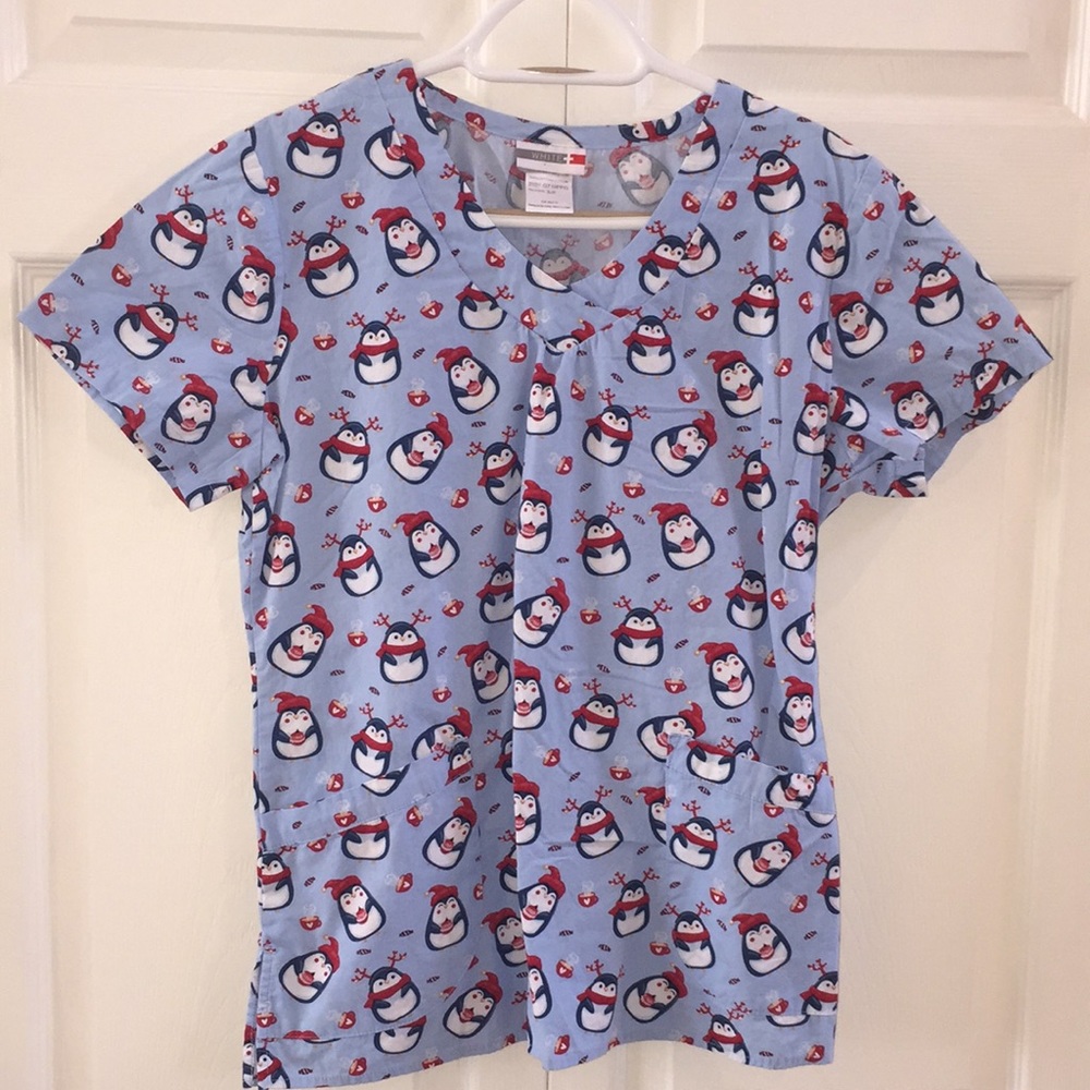Penguin Christmas Holiday Scrub Uniform Top Woman's White Cross Size Small